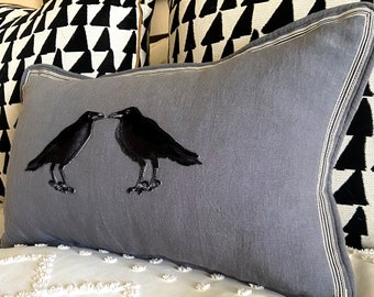 Slate Blue Embroidered Crow Raven Bird Linen Pillow