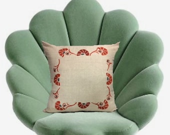 Floral Block Print Linen Pillow: Tuscan Orange & Grey Accent
