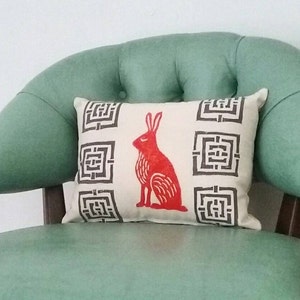 Mid Century Rabbit Pillow: Orange Hare Block Print