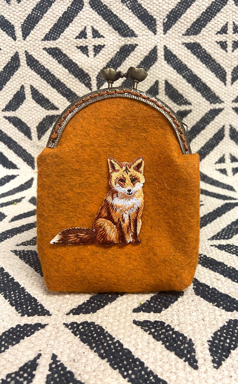 Hand Crafted Coin Purse/ Embroidery Fox Coin Purse / Gifts for Her Rust Orange