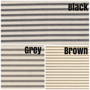May include: Three fabric swatches with white backgrounds and thin stripes. The stripes are black, grey, and brown.