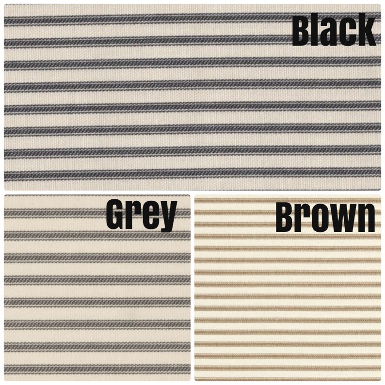 May include: Three fabric swatches with white backgrounds and thin stripes. The stripes are black, grey, and brown.