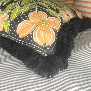 Decorative Black, Peach and Green Floral Printed Pillow with Black Brush Fringe Trim image 4