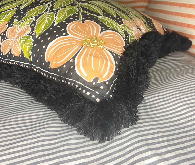 Decorative Black, Peach and Green Floral Printed Pillow with Black Brush Fringe Trim image 4