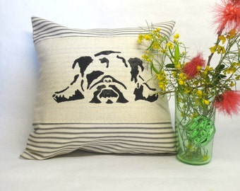 Hand Block Print English Bulldog Pillow: Ticking Stripe Throw Pillow