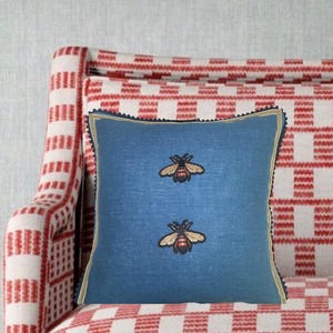 Blue Embroidered bee Bug Linen Pillow - Embroidery bee insect Linen Pillow