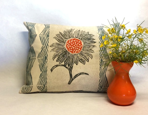 Hand Block Printed Sunflower Pillow: Geometric Accent Cushion