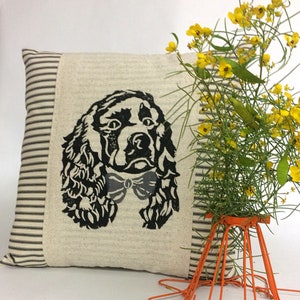 Hand Block Print Cocker Spaniel Pillow Cover: Ticking Stripe Accent Pillow image 6