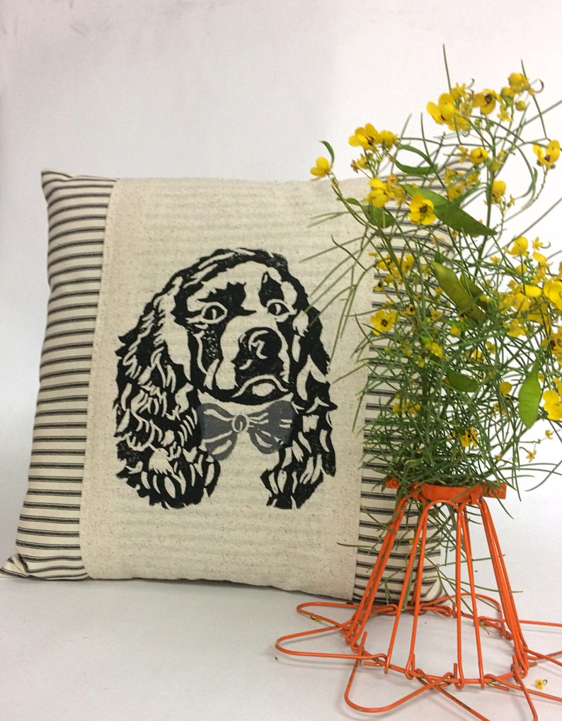 Hand Block Print Cocker Spaniel Pillow Cover: Ticking Stripe Accent Pillow image 6