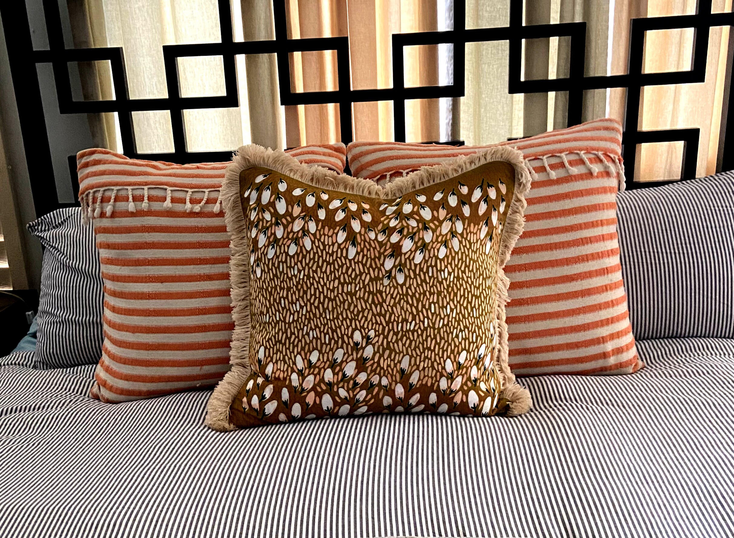 Decorative Mustard Printed Pillow With Brush Fringe Trim Etsy