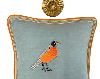 Embroidered Robin Bird Linen Pillow: Slate Blue & Orange Accent