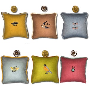 Small Embroidery Linen Pillow - Bird or Bee Decorative Pillow