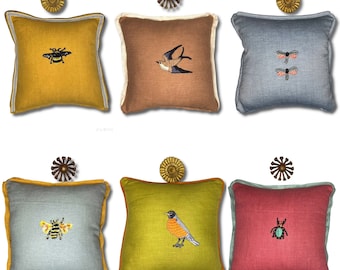 Small Embroidery Linen Pillow - Bird or Bee Decorative Pillow