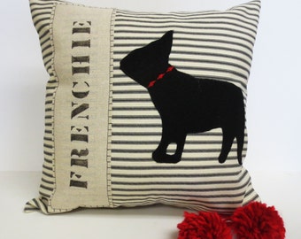 French Bulldog Silhouette Pillow, Decorative Frenchie French Bulldog Silhouette Pillow, Black Stripe Felt Silhouette Frenchie Pillow, Dog