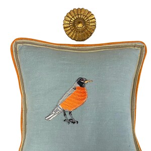 Slate Blue and Orange Bird Linen Pillow Bird Pillow image 1