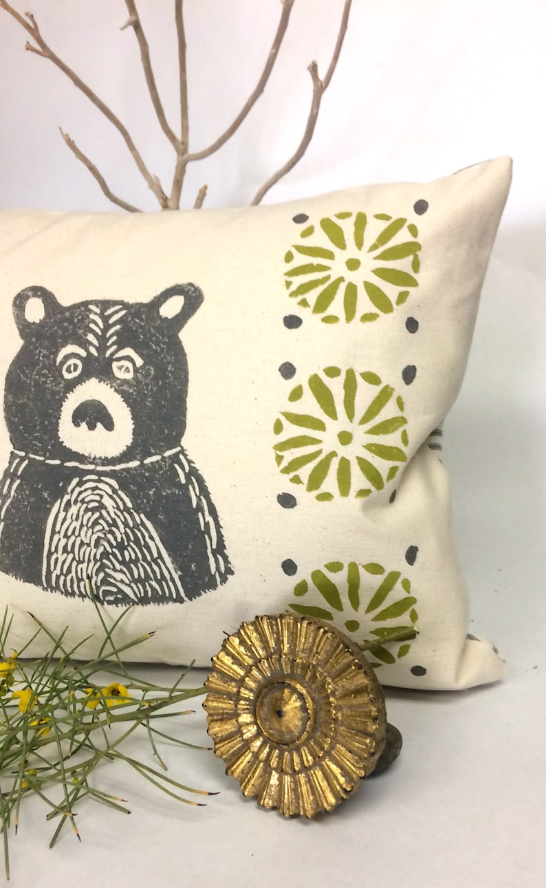 Bear Print Pillow Grey Bear and Citrine Green Print Kidney Etsy