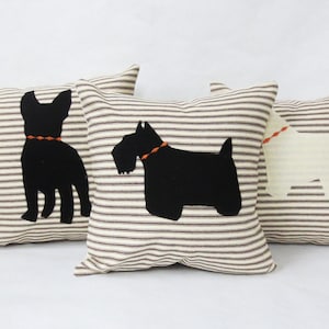 Brown Stripe Pillow with Felt Dog Silhouette, Decorative Ticking Stripe Pillow with Dog Silhouette, Your choice Breed, Birthday Gift Idea image 1