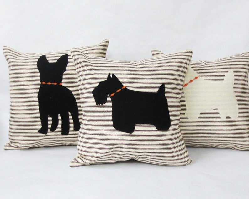 Brown Stripe Pillow with Felt Dog Silhouette, Decorative Ticking Stripe Pillow with Dog Silhouette, Your choice Breed, Birthday Gift Idea image 1