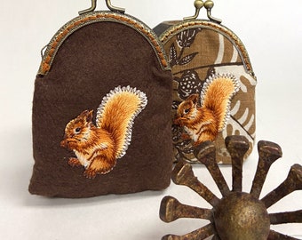 Hand Crafted Coin Purse/ Embroidery squirrel  Coin Purse / Gifts for Her