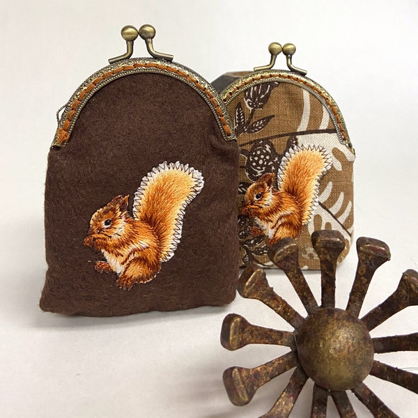 Hand Crafted Coin Purse/ Embroidery squirrel  Coin Purse / Gifts for Her