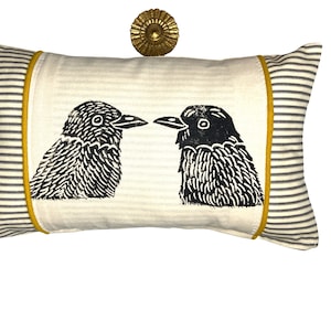 Decorative Ticking Stripe Kidney Pillow with Bird Block Print with Your Choice of Hand Cut Felt Trim