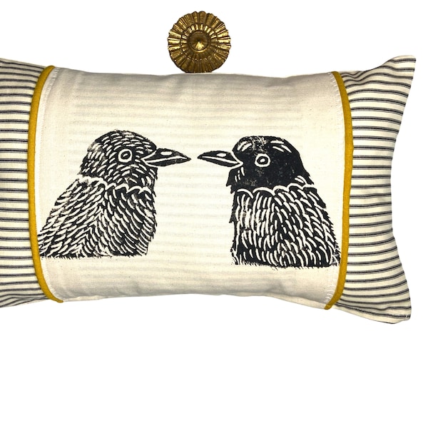 Decorative Ticking Stripe Kidney Pillow with Bird Block Print with Your Choice of Hand Cut Felt Trim