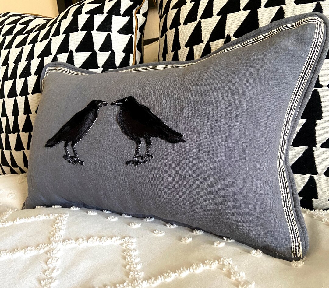 Slate Blue Embroidered Crow Raven Bird Linen Pillow - Etsy