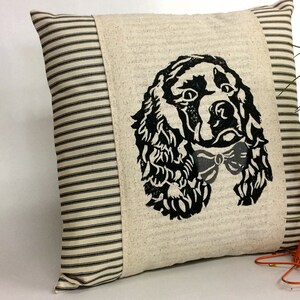 Hand Block Print Cocker Spaniel Pillow Cover: Ticking Stripe Accent Pillow image 5