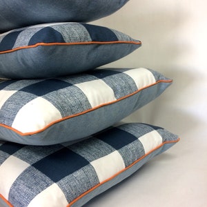 Blue and White Buffalo Check Pillows, Blue and White Gingham, Cabin Decor, Interior Design, Bed Treatment, Pop of Orange