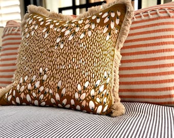 Decorative Mustard Printed Pillow with Brush Fringe Trim