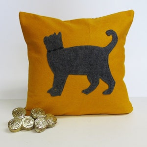Felt Cat Pillow: Mustard Yellow & Gray Silhouette, Modern Decorative Pillow