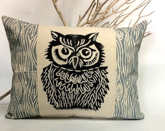 Woodland Owl Pillow: Hand Carved Print, Rustic Home Decor