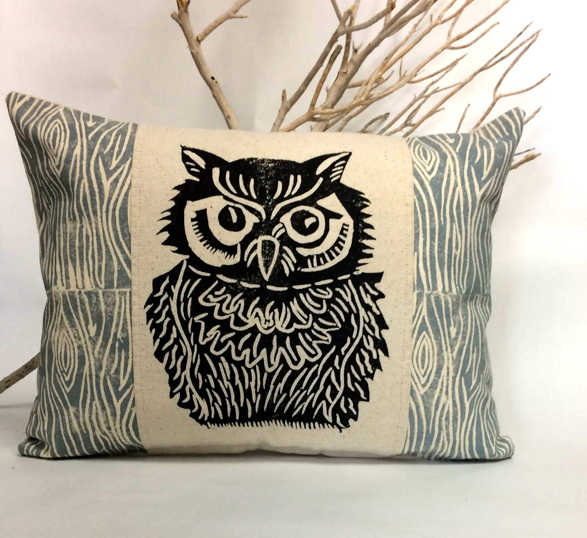 Woodland Owl Pillow: Hand Carved Print, Rustic Home Decor