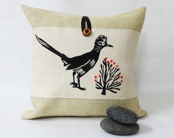Roadrunner Pillow: Hand Block Printed Burlap Desert Bird Pillow