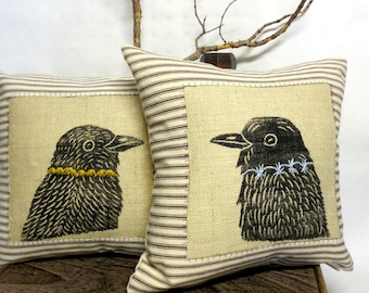 Raven Print Pillow, Decorative Raven Crow Bird Print poly Burlap Pillow, Gothic Raven Crow Pillow, Home Decor, Couple of Crow Pillows