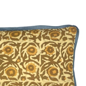 Floral Print Kidney Pillow: Mustard Gold and Caramel Brown Accent