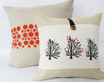 Orange Blossom Tree Burlap Pillow - Tree Pillow - Decorative throw accent pillow cover - Burnt Orange and Slate Grey Blue Accent