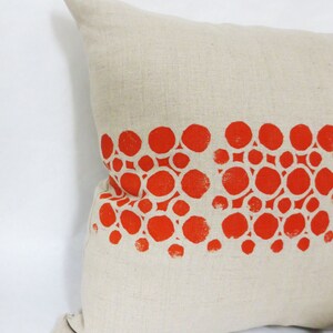 Grey Taupe Linen Hand Block Printed Printed Pillow with Orange Circular Geometric Print image 3