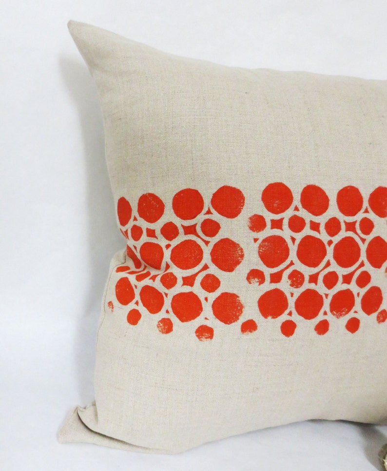 Grey Taupe Linen Hand Block Printed Printed Pillow with Orange Circular Geometric Print image 3