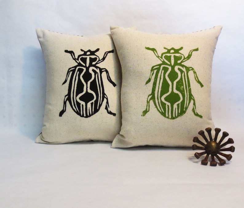 Hand Block Printed Beetle Insect Pillow / s Day Gift image 1