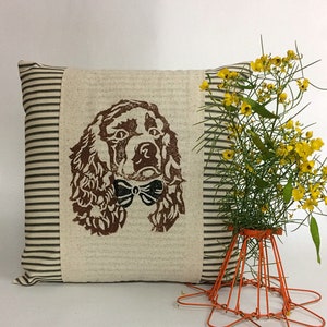 Hand Block Print Cocker Spaniel Pillow Cover: Ticking Stripe Accent Pillow image 2