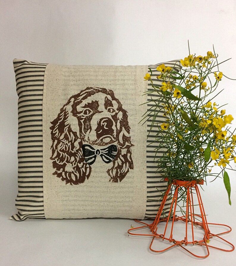 Hand Block Print Cocker Spaniel Pillow Cover: Ticking Stripe Accent Pillow image 2