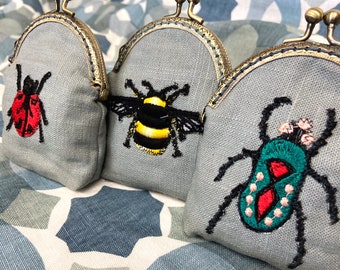 Hand Crafted Coin Purse/ Bee Insect Coin Purse / Gifts for Her Lady Bug or Beetle Embroidery