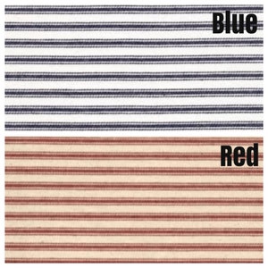 May include: Two fabric swatches, one with white and blue stripes and the other with white and red stripes. The swatches are labelled "Blue" and "Red".