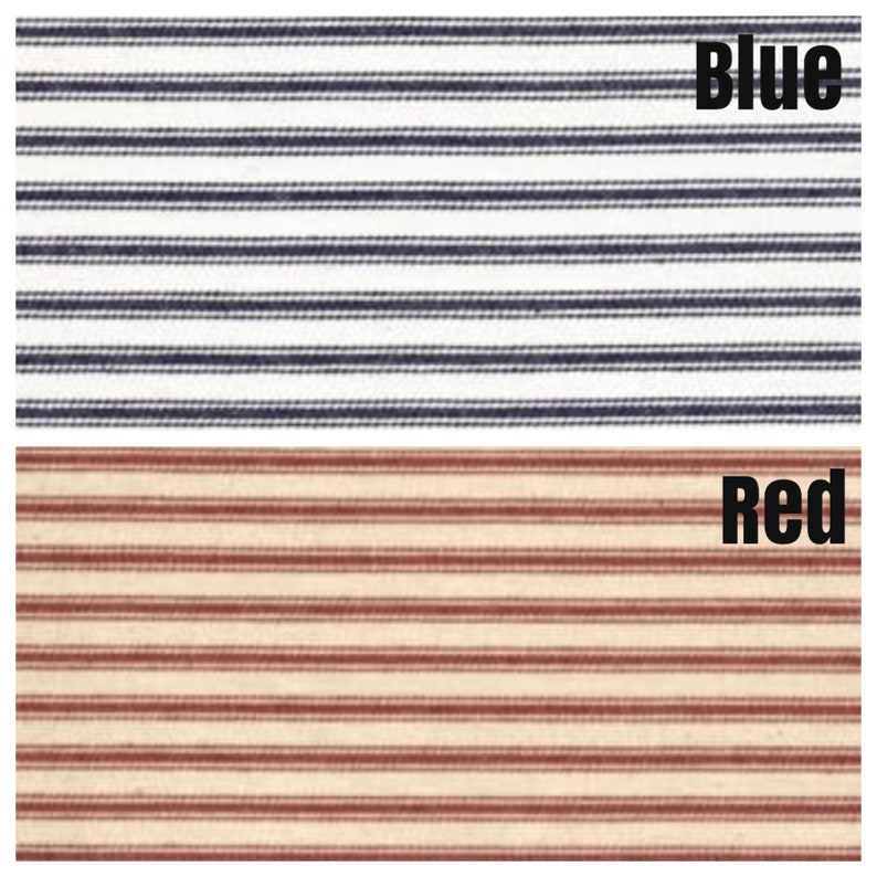 May include: Two fabric swatches, one with white and blue stripes and the other with white and red stripes. The swatches are labelled "Blue" and "Red".