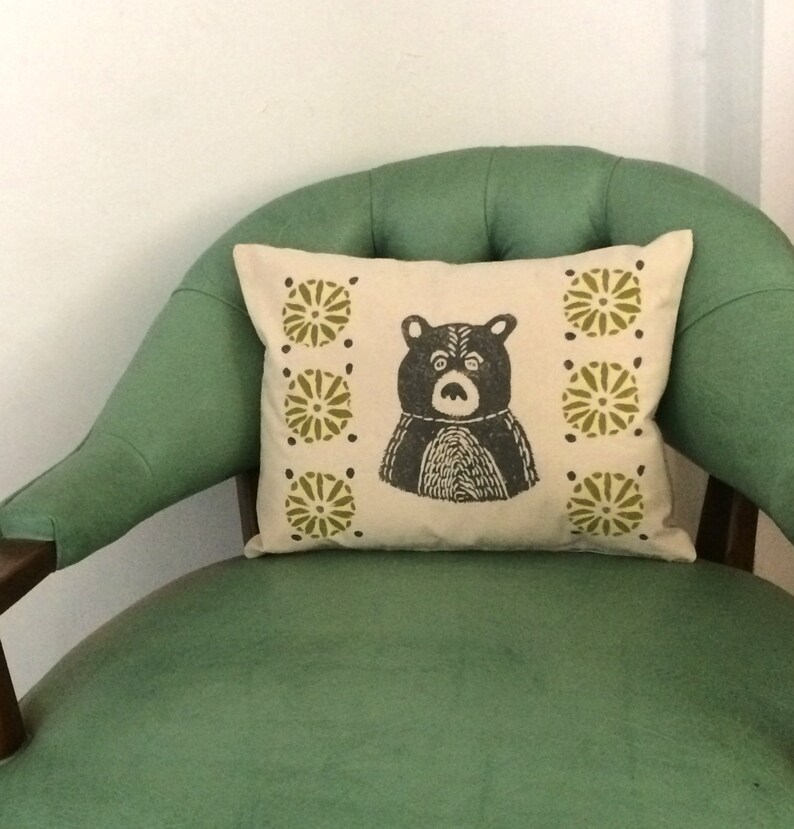 Bear Print Pillow Grey Bear and Citrine Green Print Kidney Etsy