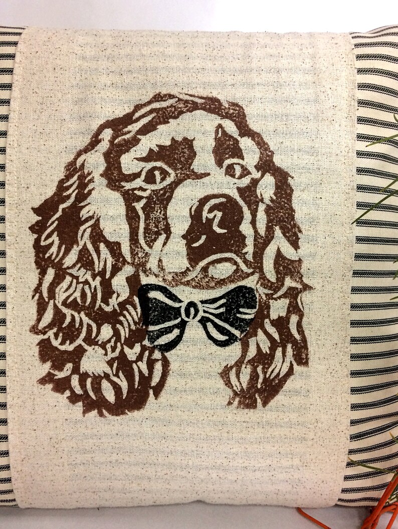 Hand Block Print Cocker Spaniel Pillow Cover: Ticking Stripe Accent Pillow image 4