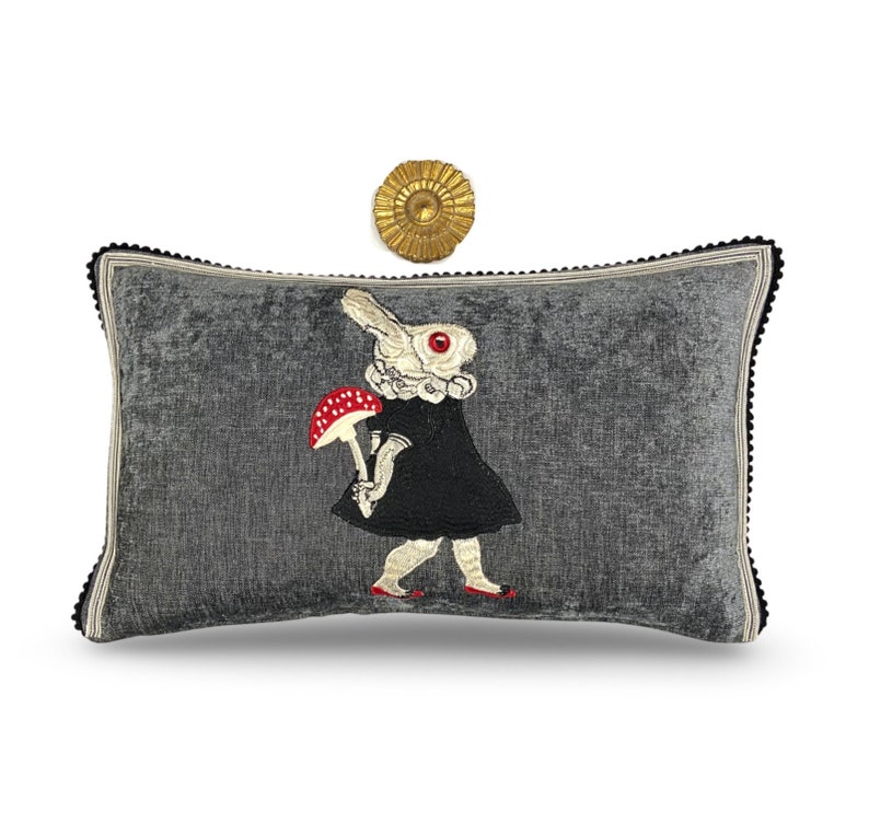 Rabbit Embroidery Pillow Whimsical Rabbit Silk Pillow image 1