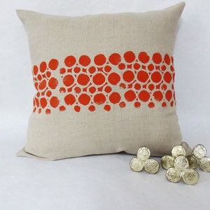 Grey Taupe Linen Hand Block Printed Printed Pillow with Orange Circular Geometric Print image 2