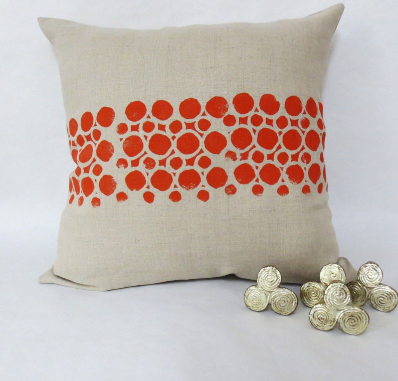 Grey Taupe Linen Hand Block Printed Printed Pillow with Orange Circular Geometric Print image 2